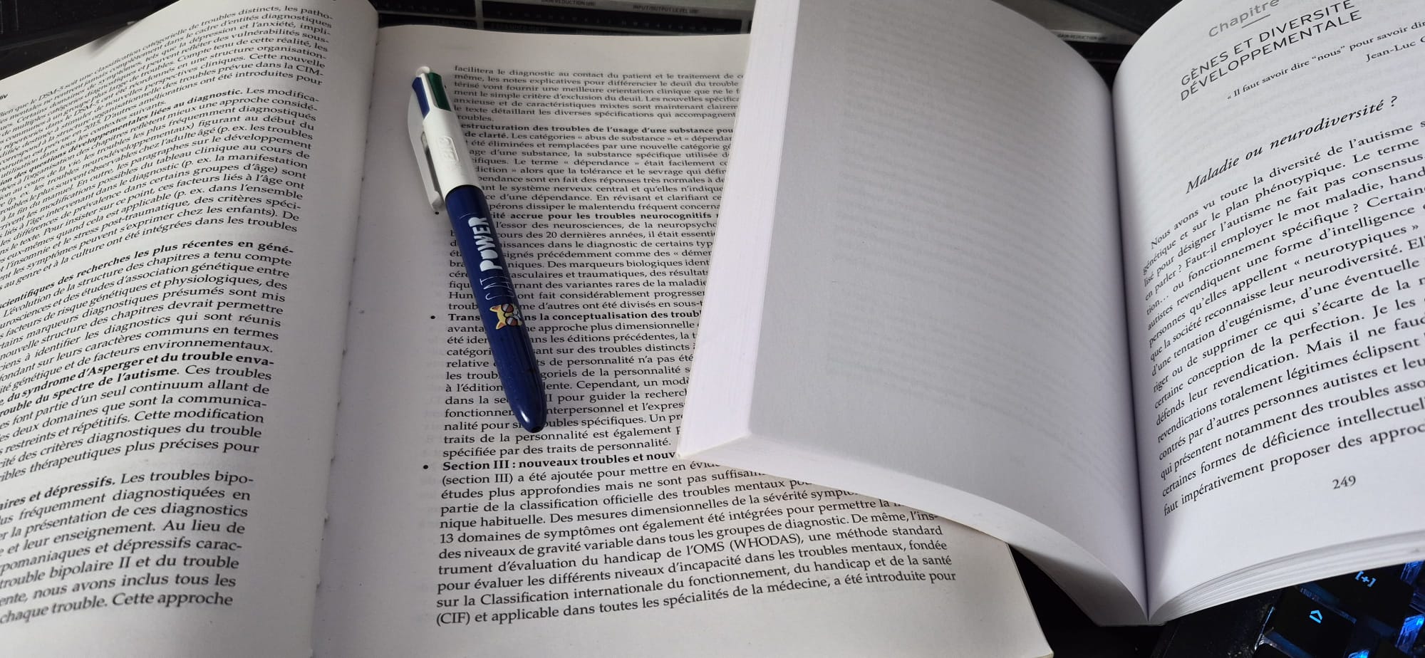 Mon bureau avec le DSM 5 d'ouvert et "Des Gènes, des synapses, des autismes" de Thomas Bourgeron au chapitre sur la neurodiversité
