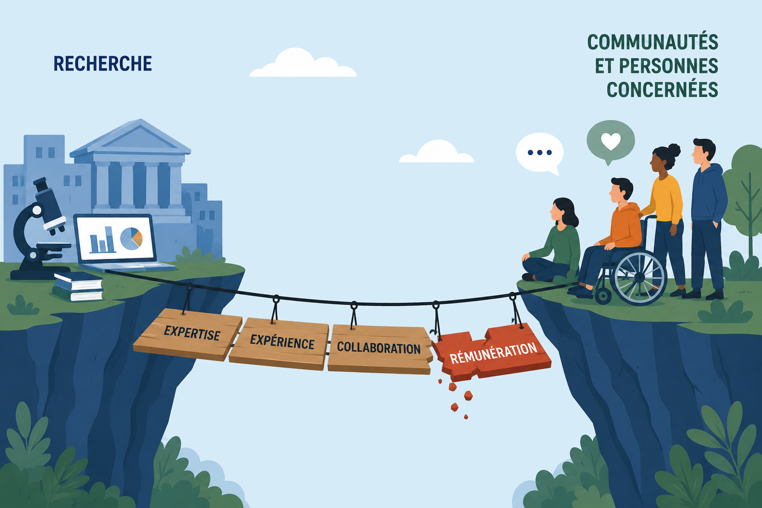 Un dessin de la recherche et les personnes concernées séparées par un gouffre. Un pont relie les deux extrémités, avec une marche appelée "Expertise", une autre "Expérience", la troisième "Collaboration" et la dernière "Rémunération". La dernière marche, "Rémunération", est brisée et s'effrite.